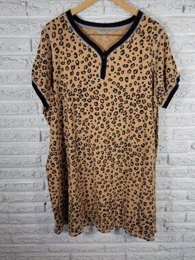 Dreams Co Womens 2X Pajama Top Nightgown Tan Black Animal Print Cotton ANI44E